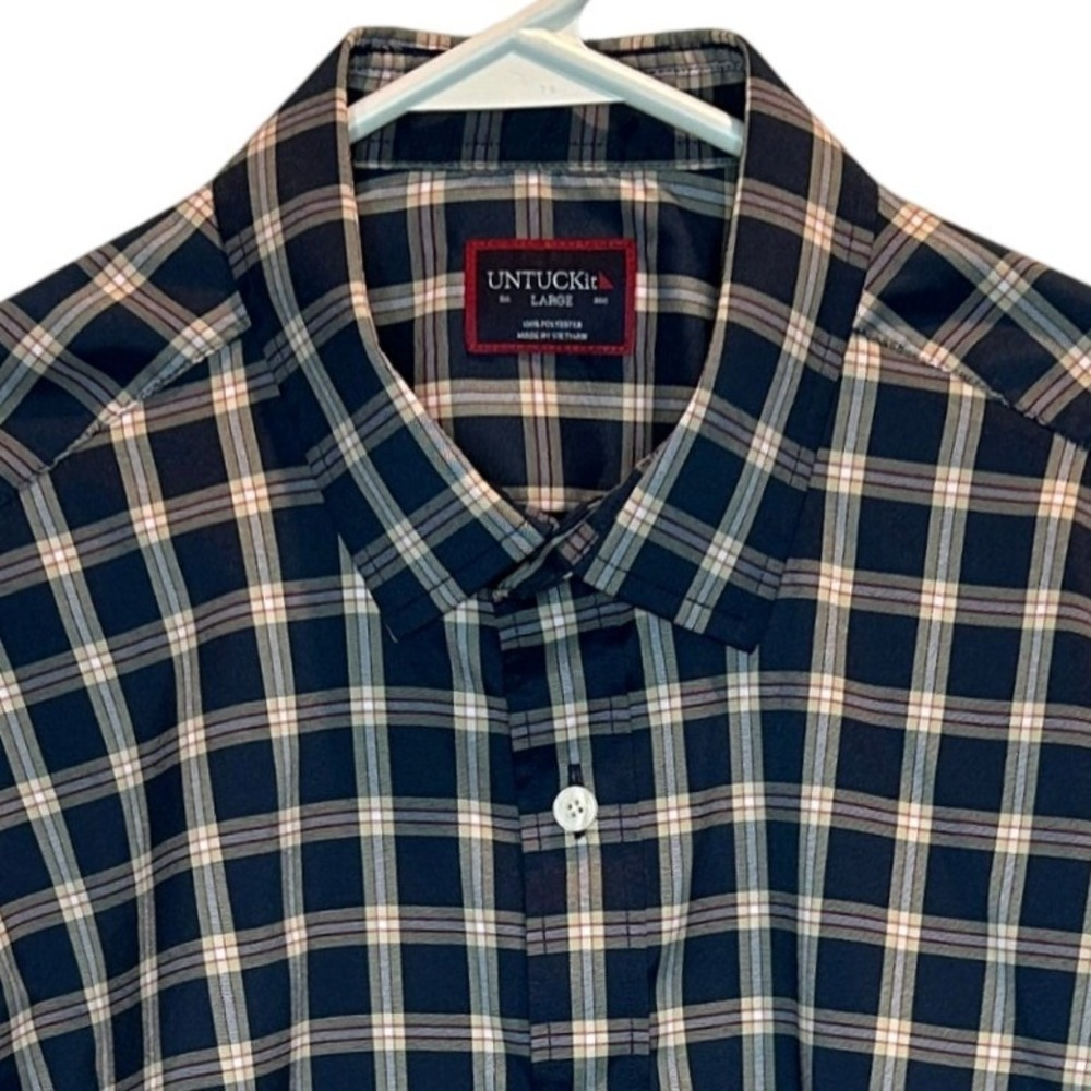 UNTUCKit Men's Large Navy Plaid Long Sleeve Button Down Shirt Polyester‎